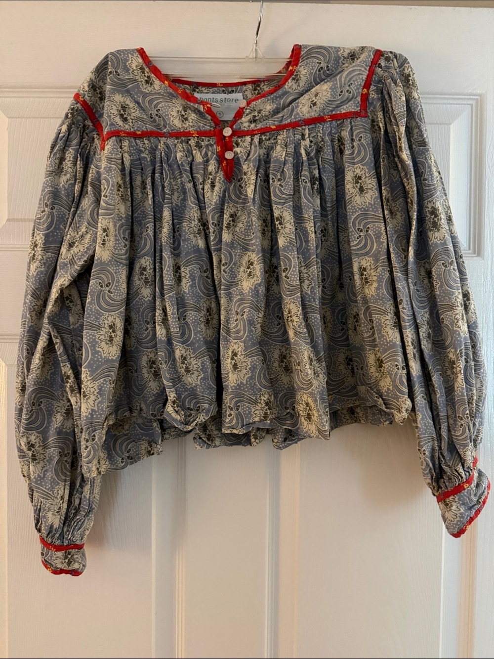 Vintage-Inspired Blue Paisley Peasant Blouse with Red Trim - Women Tops